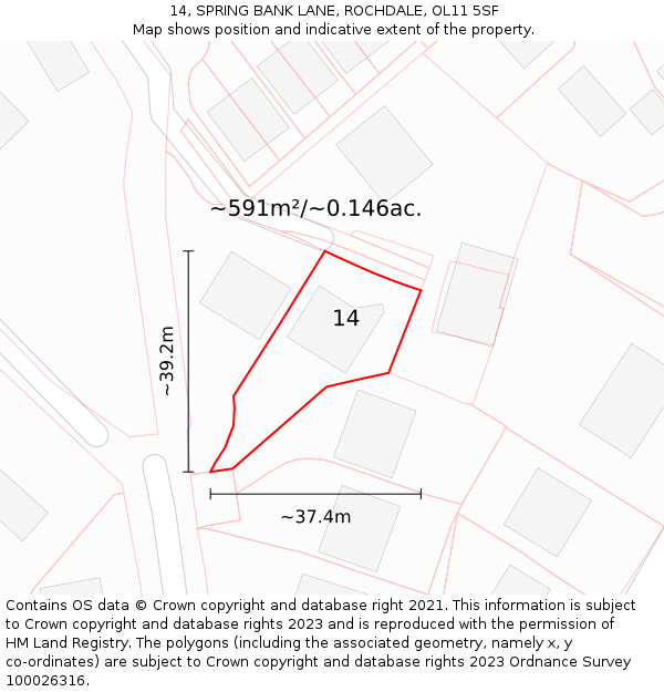 14, SPRING BANK LANE, ROCHDALE, OL11 5SF: Plot and title map