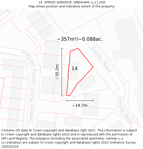 14, SPRING GARDENS, WREXHAM, LL11 2NX: Plot and title map