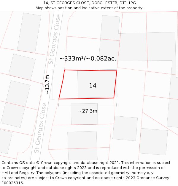 14, ST GEORGES CLOSE, DORCHESTER, DT1 1PG: Plot and title map