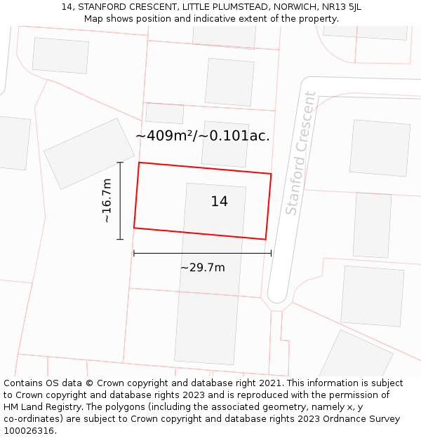 14, STANFORD CRESCENT, LITTLE PLUMSTEAD, NORWICH, NR13 5JL: Plot and title map