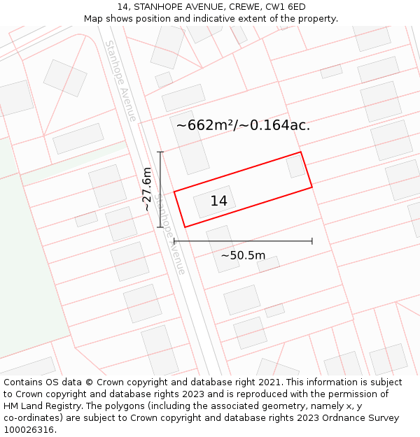 14, STANHOPE AVENUE, CREWE, CW1 6ED: Plot and title map