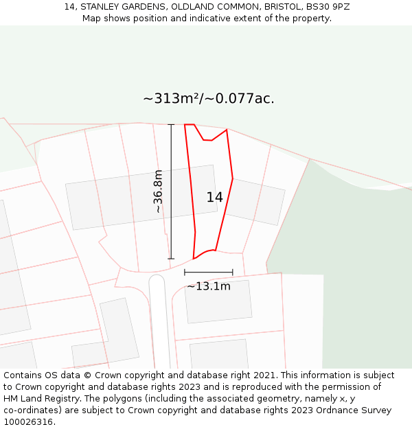 14, STANLEY GARDENS, OLDLAND COMMON, BRISTOL, BS30 9PZ: Plot and title map