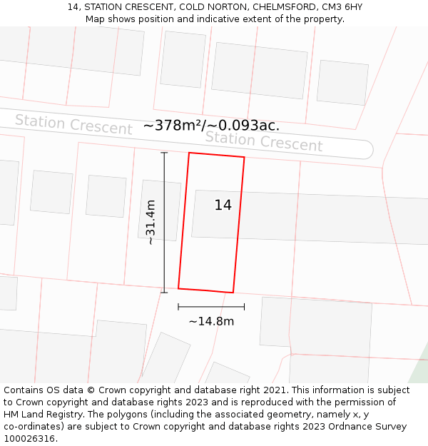 14, STATION CRESCENT, COLD NORTON, CHELMSFORD, CM3 6HY: Plot and title map