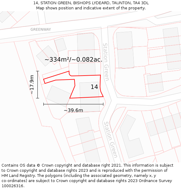 14, STATION GREEN, BISHOPS LYDEARD, TAUNTON, TA4 3DL: Plot and title map