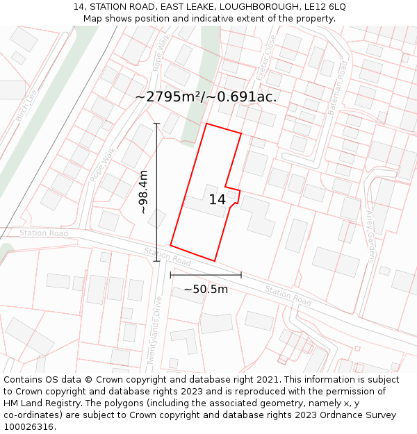 14, STATION ROAD, EAST LEAKE, LOUGHBOROUGH, LE12 6LQ: Plot and title map