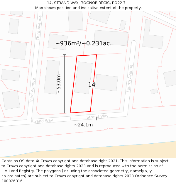 14, STRAND WAY, BOGNOR REGIS, PO22 7LL: Plot and title map