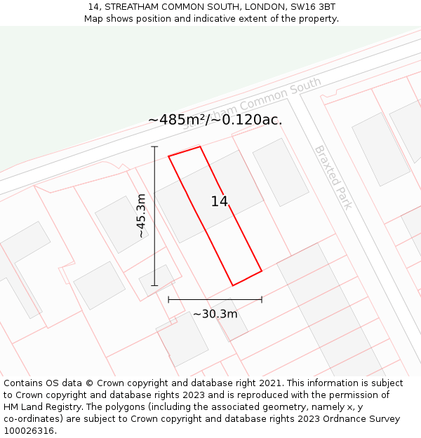 14, STREATHAM COMMON SOUTH, LONDON, SW16 3BT: Plot and title map