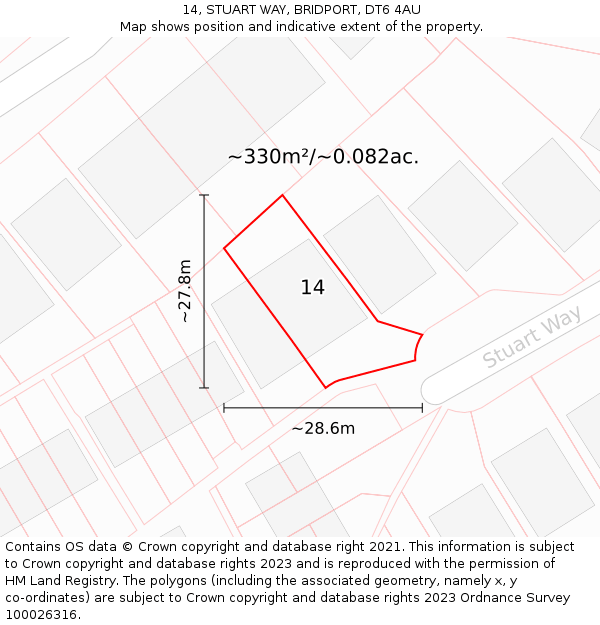 14, STUART WAY, BRIDPORT, DT6 4AU: Plot and title map