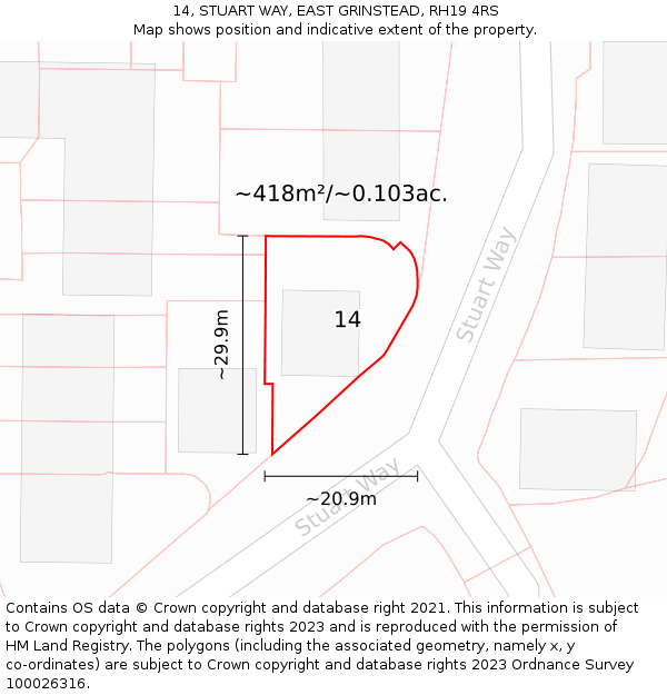 14, STUART WAY, EAST GRINSTEAD, RH19 4RS: Plot and title map