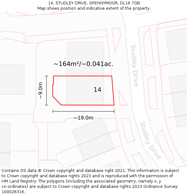 14, STUDLEY DRIVE, SPENNYMOOR, DL16 7GB: Plot and title map