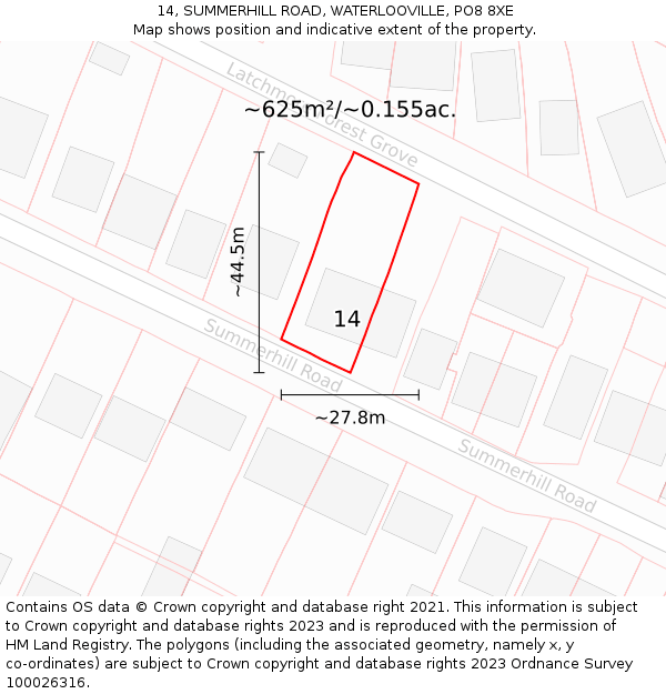 14, SUMMERHILL ROAD, WATERLOOVILLE, PO8 8XE: Plot and title map