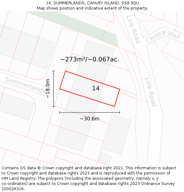 14, SUMMERLANDS, CANVEY ISLAND, SS8 9QU: Plot and title map