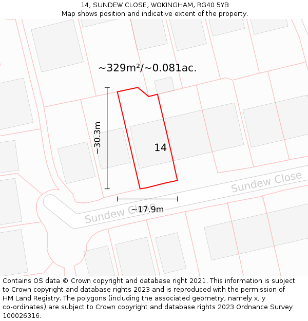 14, SUNDEW CLOSE, WOKINGHAM, RG40 5YB: Plot and title map