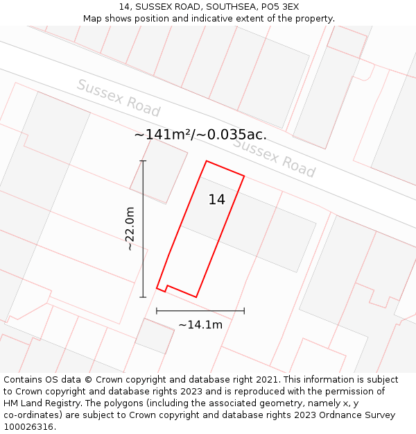 14, SUSSEX ROAD, SOUTHSEA, PO5 3EX: Plot and title map