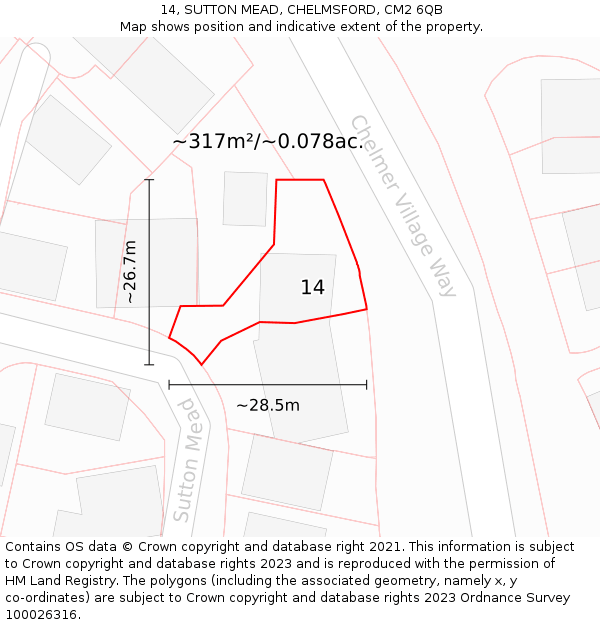 14, SUTTON MEAD, CHELMSFORD, CM2 6QB: Plot and title map