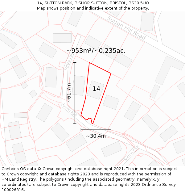 14, SUTTON PARK, BISHOP SUTTON, BRISTOL, BS39 5UQ: Plot and title map