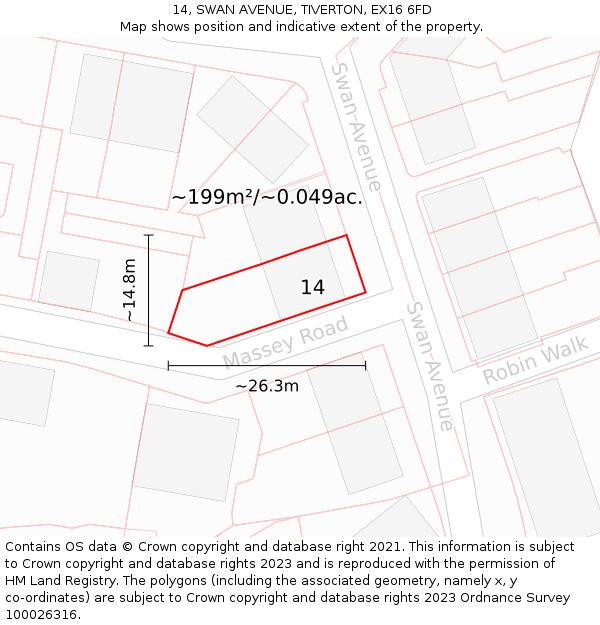 14, SWAN AVENUE, TIVERTON, EX16 6FD: Plot and title map