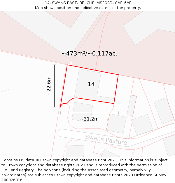 14, SWANS PASTURE, CHELMSFORD, CM1 6AF: Plot and title map