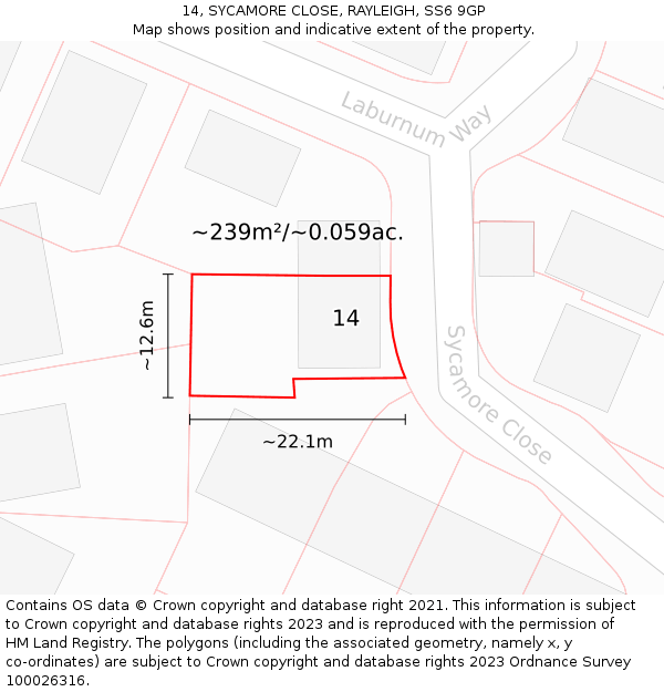 14, SYCAMORE CLOSE, RAYLEIGH, SS6 9GP: Plot and title map