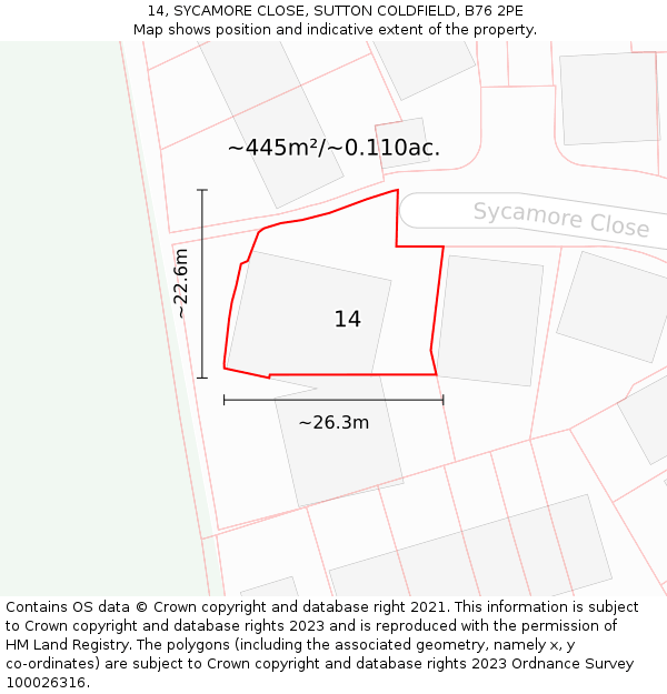 14, SYCAMORE CLOSE, SUTTON COLDFIELD, B76 2PE: Plot and title map