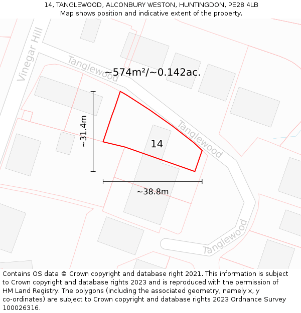 14, TANGLEWOOD, ALCONBURY WESTON, HUNTINGDON, PE28 4LB: Plot and title map