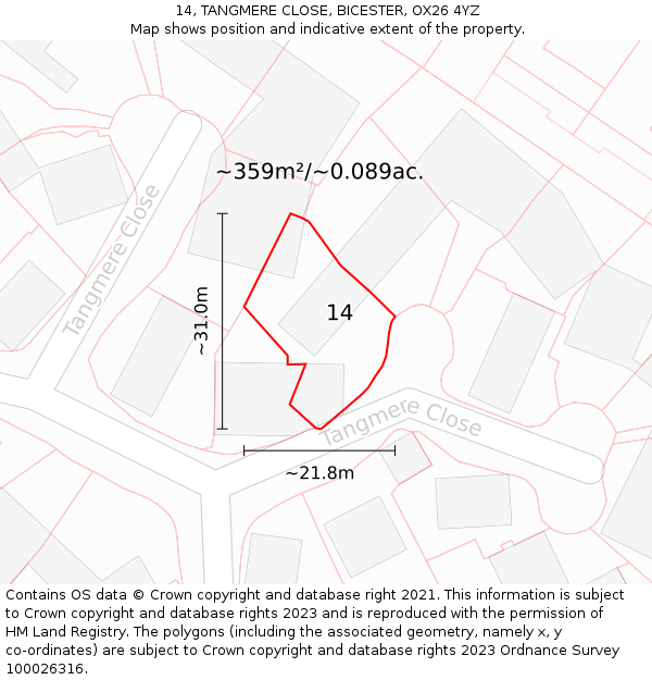 14, TANGMERE CLOSE, BICESTER, OX26 4YZ: Plot and title map