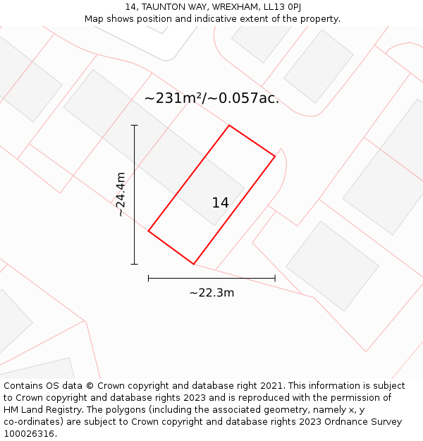 14, TAUNTON WAY, WREXHAM, LL13 0PJ: Plot and title map