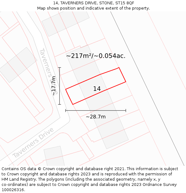 14, TAVERNERS DRIVE, STONE, ST15 8QF: Plot and title map