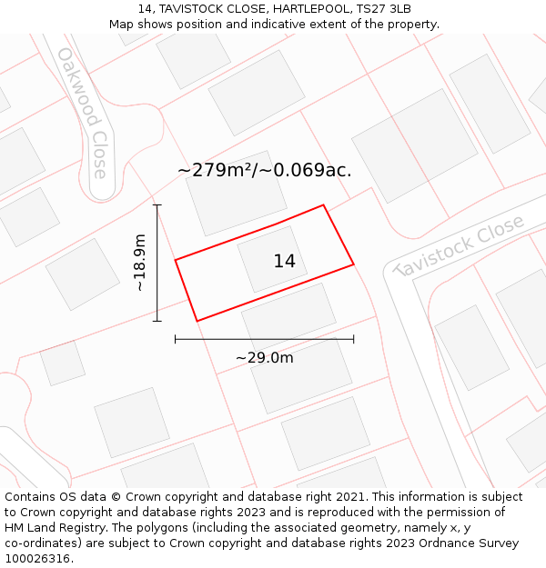 14, TAVISTOCK CLOSE, HARTLEPOOL, TS27 3LB: Plot and title map