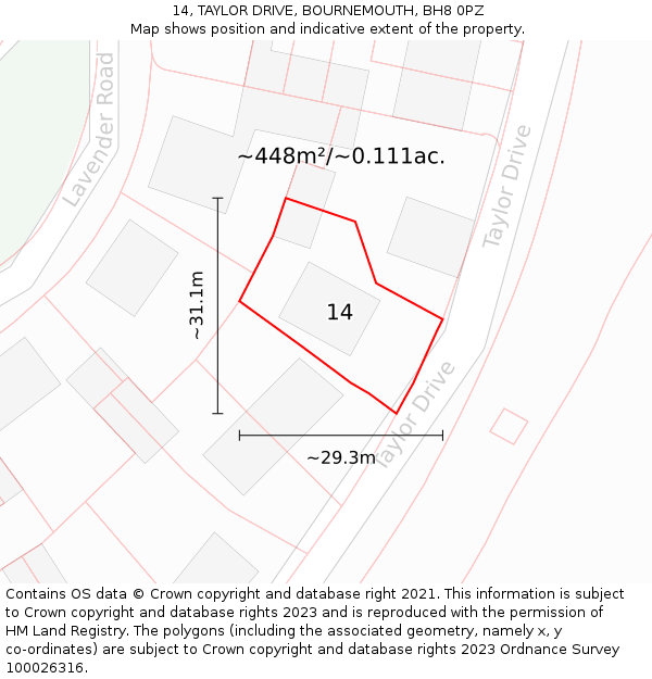 14, TAYLOR DRIVE, BOURNEMOUTH, BH8 0PZ: Plot and title map