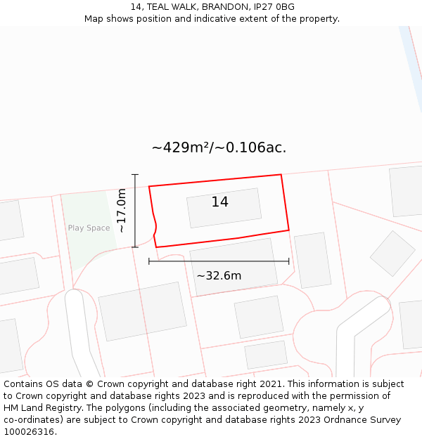 14, TEAL WALK, BRANDON, IP27 0BG: Plot and title map