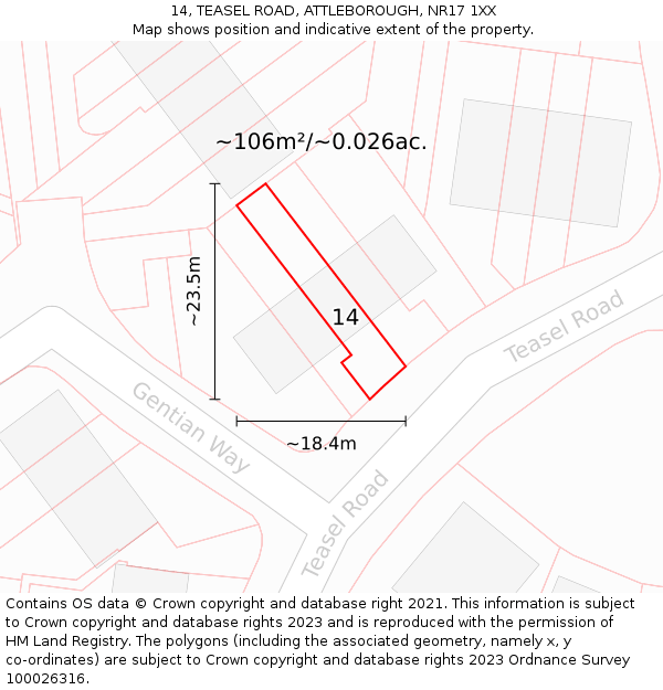 14, TEASEL ROAD, ATTLEBOROUGH, NR17 1XX: Plot and title map