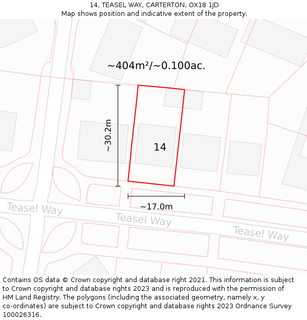 14, TEASEL WAY, CARTERTON, OX18 1JD: Plot and title map
