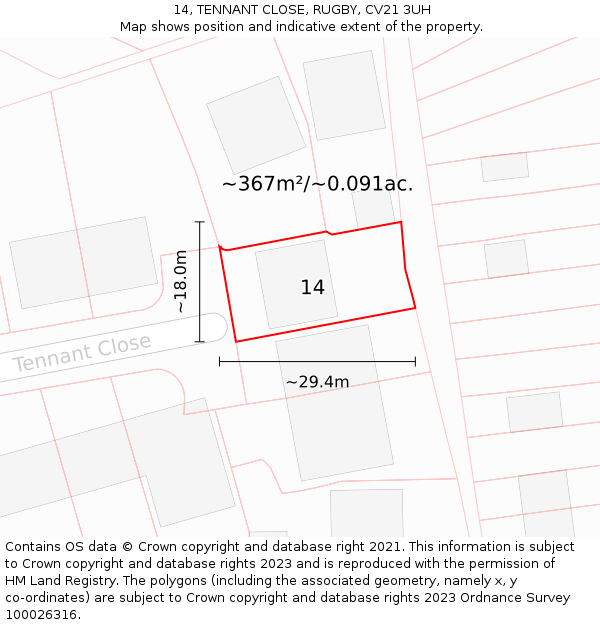 14, TENNANT CLOSE, RUGBY, CV21 3UH: Plot and title map