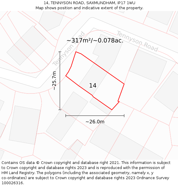 14, TENNYSON ROAD, SAXMUNDHAM, IP17 1WU: Plot and title map