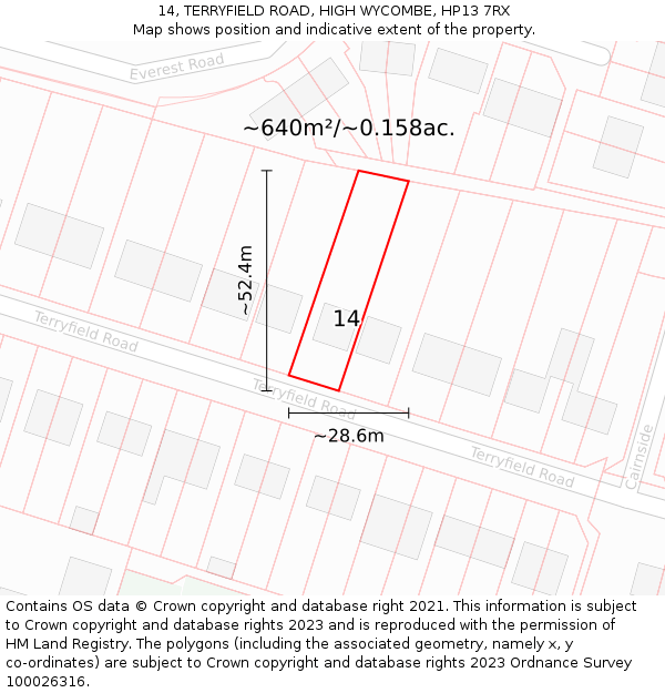 14, TERRYFIELD ROAD, HIGH WYCOMBE, HP13 7RX: Plot and title map