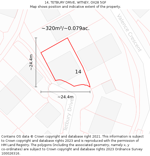 14, TETBURY DRIVE, WITNEY, OX28 5GF: Plot and title map