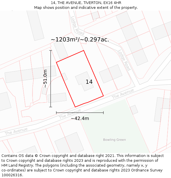 14, THE AVENUE, TIVERTON, EX16 4HR: Plot and title map