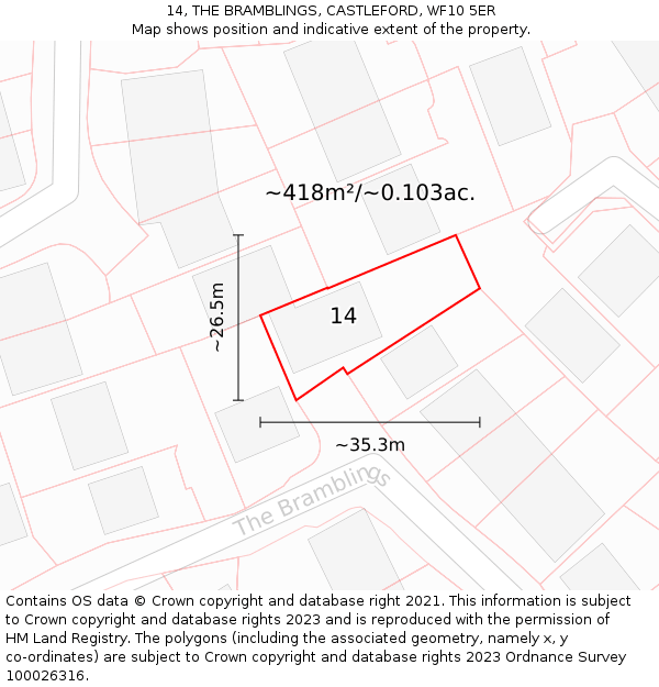 14, THE BRAMBLINGS, CASTLEFORD, WF10 5ER: Plot and title map