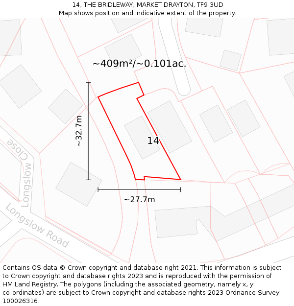 14, THE BRIDLEWAY, MARKET DRAYTON, TF9 3UD: Plot and title map