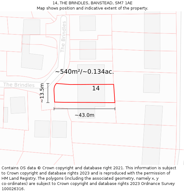 14, THE BRINDLES, BANSTEAD, SM7 1AE: Plot and title map