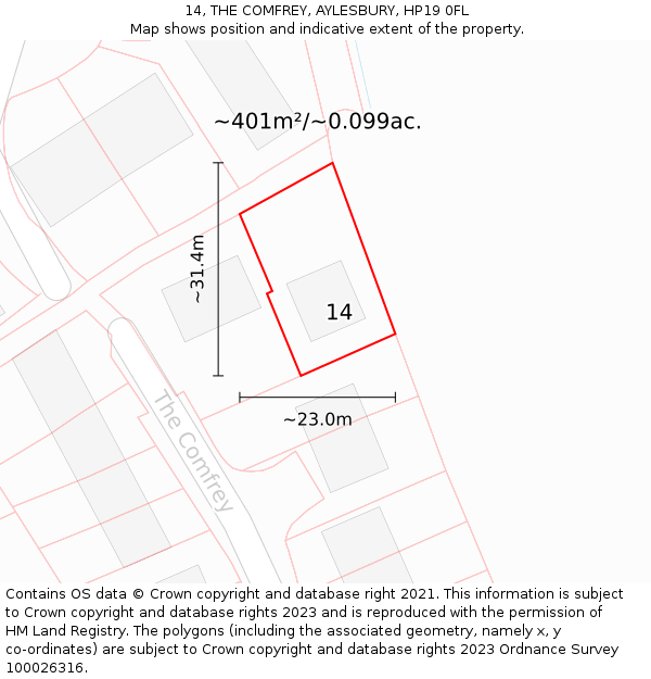 14, THE COMFREY, AYLESBURY, HP19 0FL: Plot and title map