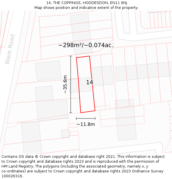 14, THE COPPINGS, HODDESDON, EN11 9NJ: Plot and title map