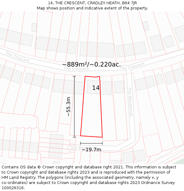 14, THE CRESCENT, CRADLEY HEATH, B64 7JR: Plot and title map