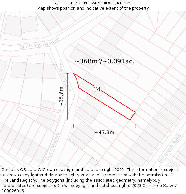 14, THE CRESCENT, WEYBRIDGE, KT13 8EL: Plot and title map