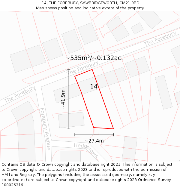 14, THE FOREBURY, SAWBRIDGEWORTH, CM21 9BD: Plot and title map
