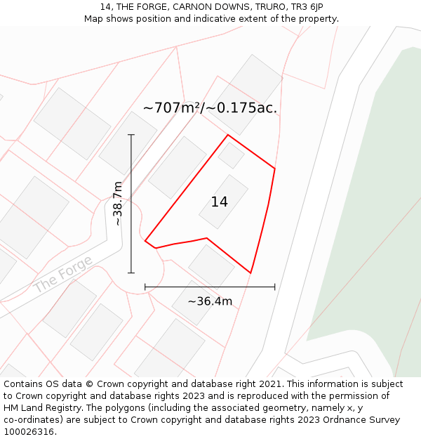 14, THE FORGE, CARNON DOWNS, TRURO, TR3 6JP: Plot and title map