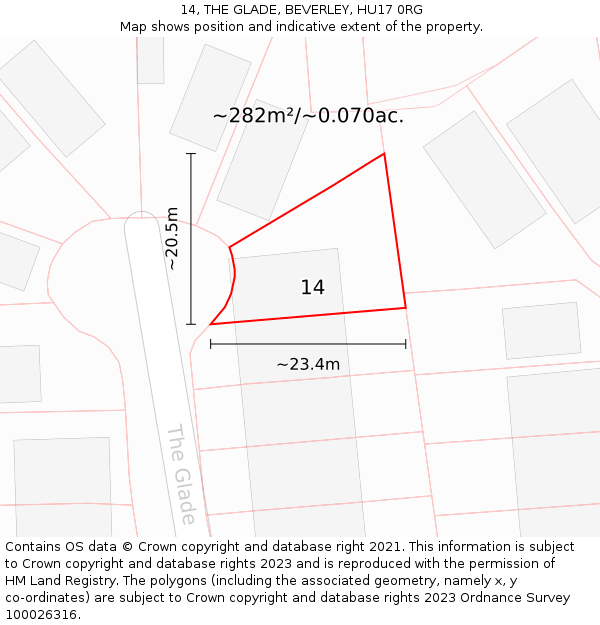 14, THE GLADE, BEVERLEY, HU17 0RG: Plot and title map