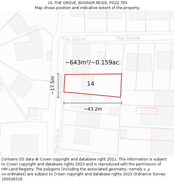 14, THE GROVE, BOGNOR REGIS, PO22 7EX: Plot and title map