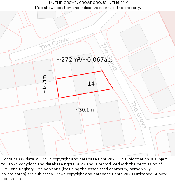 14, THE GROVE, CROWBOROUGH, TN6 1NY: Plot and title map